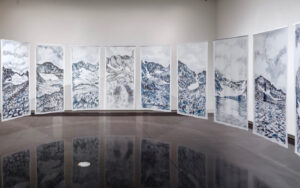 Trine Bumiller Glacier Project Installation View, ink on textile, 72 x 36”, CU Art Museum