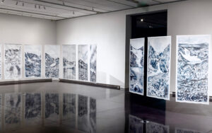 Trine Bumiller Glacier Project Installation View, ink on textile, 72 x 36”, CU Art Museum